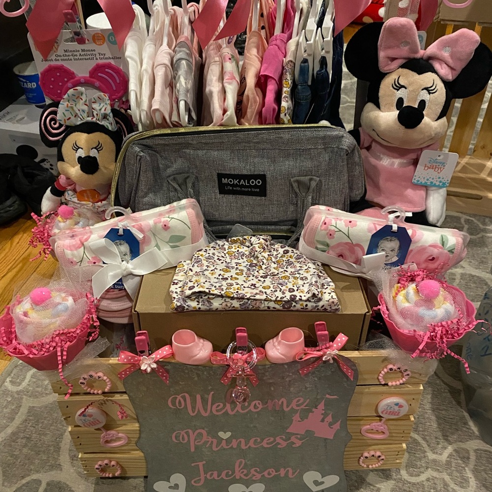 Enjoy a personalized baby shower gift basket.